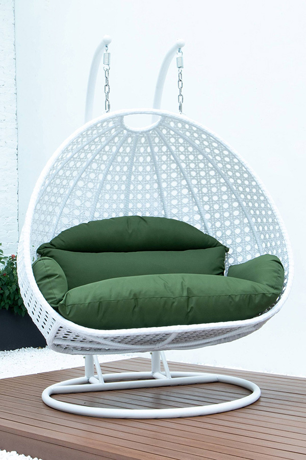 LeisureMod Modern White Wicker Hanging Double Seater Egg Swing Chair - Dark Green