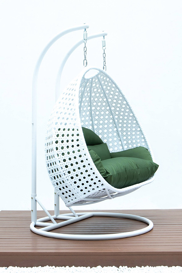 LeisureMod Modern White Wicker Hanging Double Seater Egg Swing Chair - Dark Green