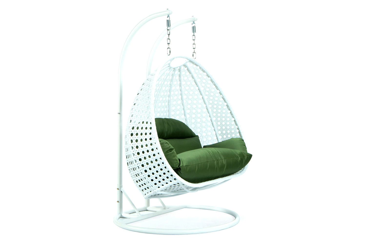 LeisureMod Modern White Wicker Hanging Double Seater Egg Swing Chair - Dark Green