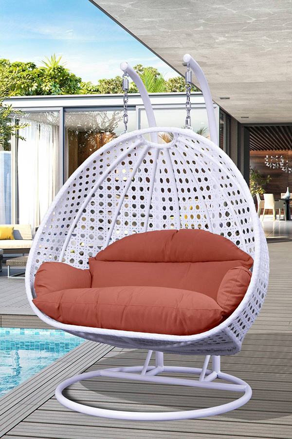 LeisureMod Modern White Wicker Hanging Double Seater Egg Swing Chair - Dark Orange