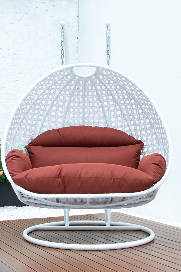 LeisureMod Modern White Wicker Hanging Double Seater Egg Swing Chair - Dark Orange