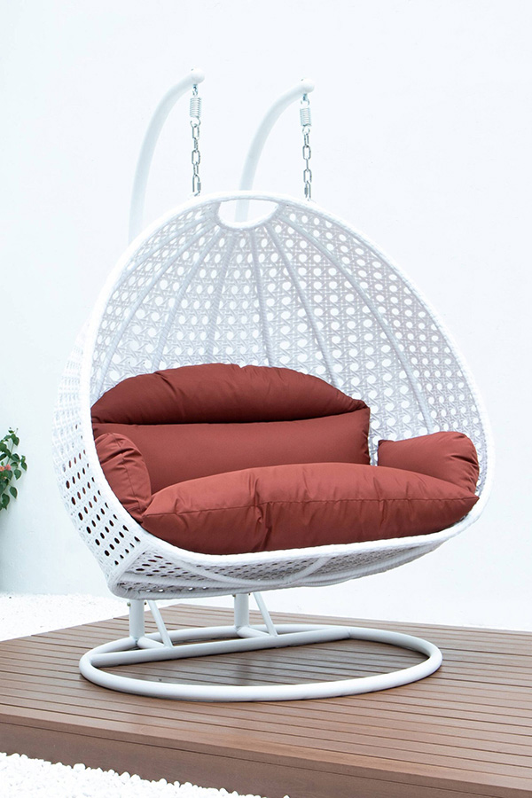 LeisureMod Modern White Wicker Hanging Double Seater Egg Swing Chair - Dark Orange