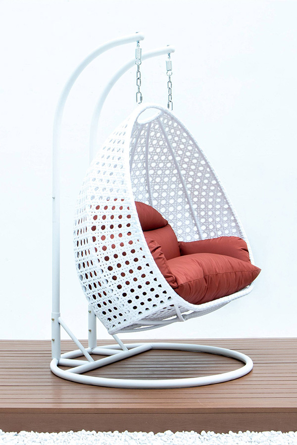 LeisureMod Modern White Wicker Hanging Double Seater Egg Swing Chair - Dark Orange