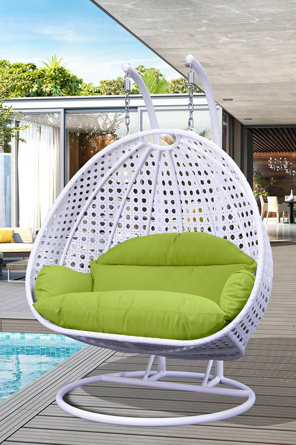 LeisureMod Modern White Wicker Hanging Double Seater Egg Swing Chair - Light Green