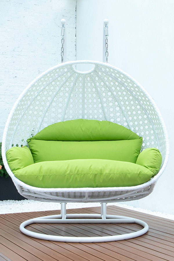 LeisureMod Modern White Wicker Hanging Double Seater Egg Swing Chair - Light Green