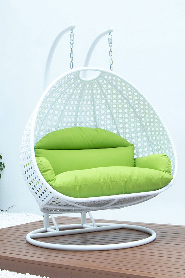 LeisureMod Modern White Wicker Hanging Double Seater Egg Swing Chair - Light Green