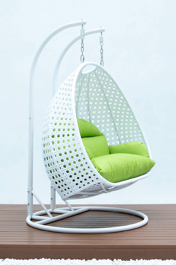 LeisureMod Modern White Wicker Hanging Double Seater Egg Swing Chair - Light Green