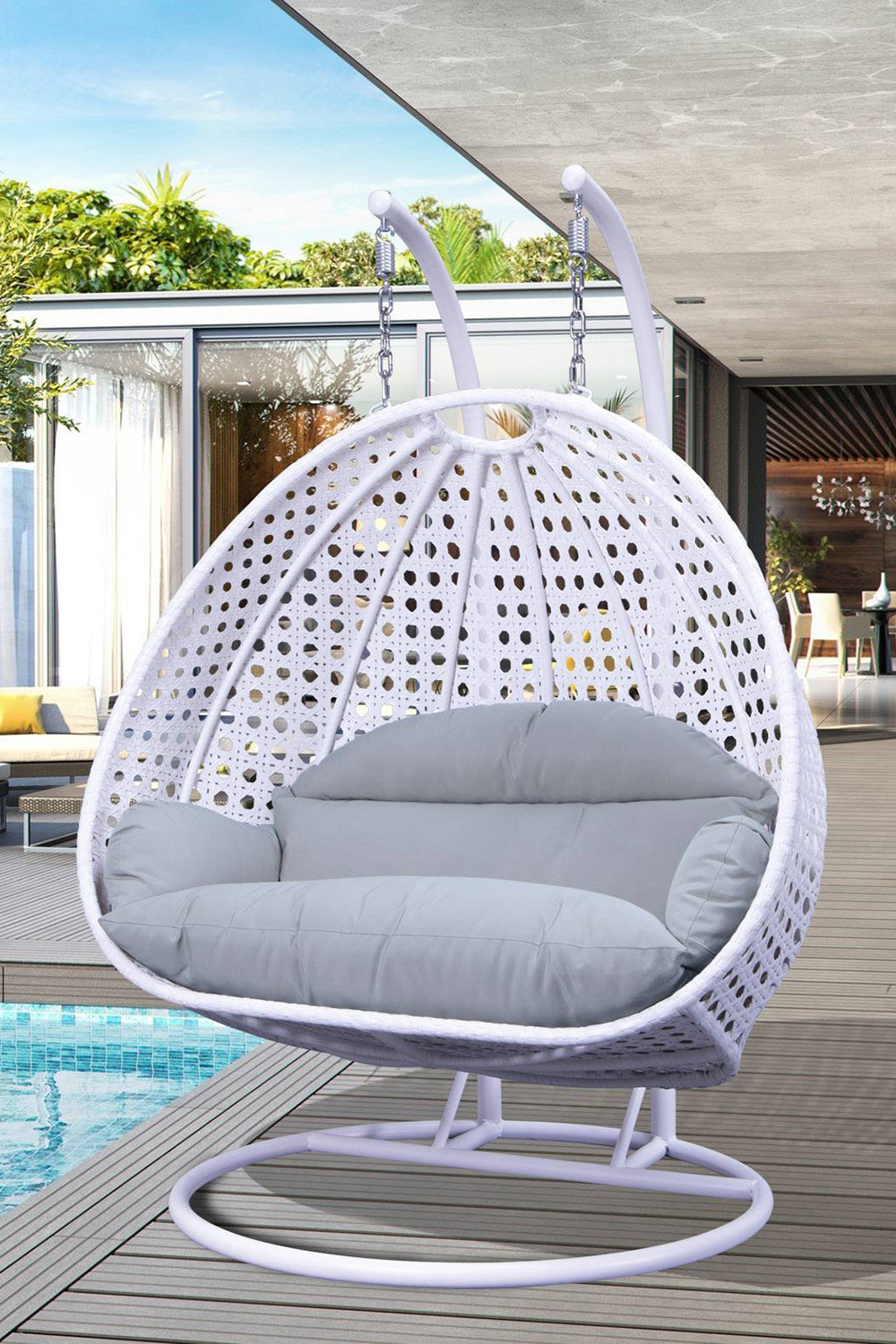 LeisureMod Modern White Wicker Hanging Double Seater Egg Swing Chair - Light Gray