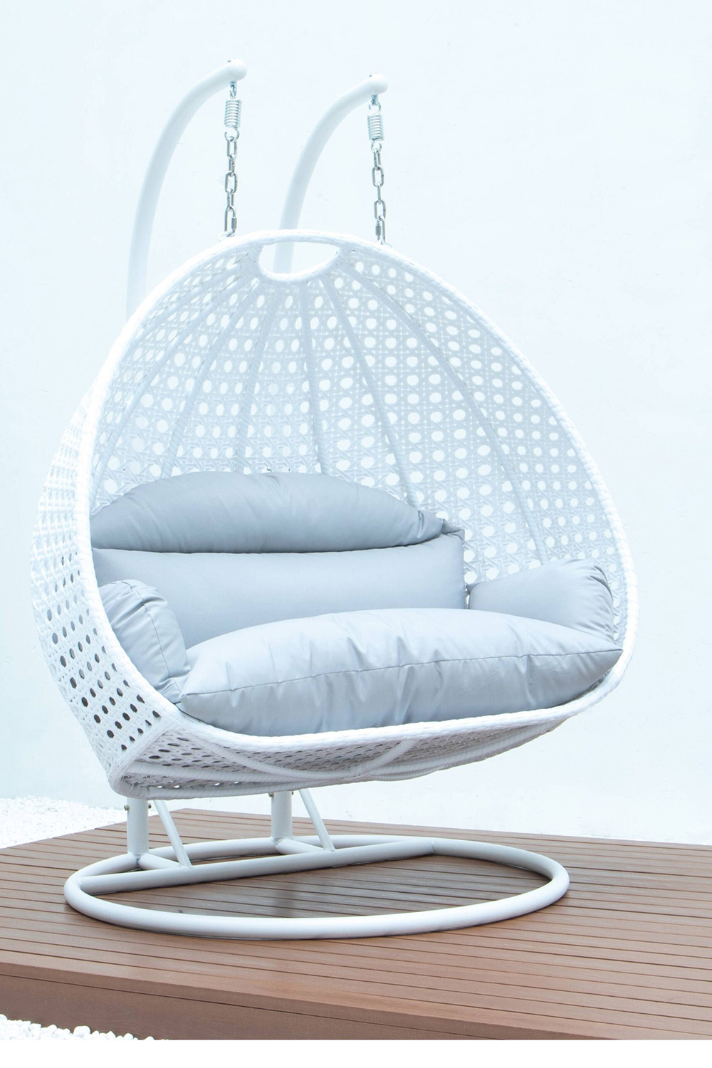 LeisureMod Modern White Wicker Hanging Double Seater Egg Swing Chair - Light Gray