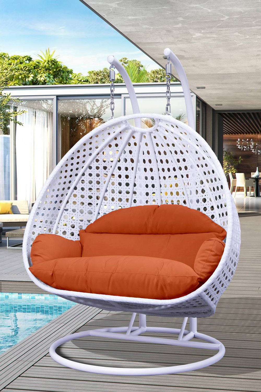 LeisureMod Modern White Wicker Hanging Double Seater Egg Swing Chair - Orange