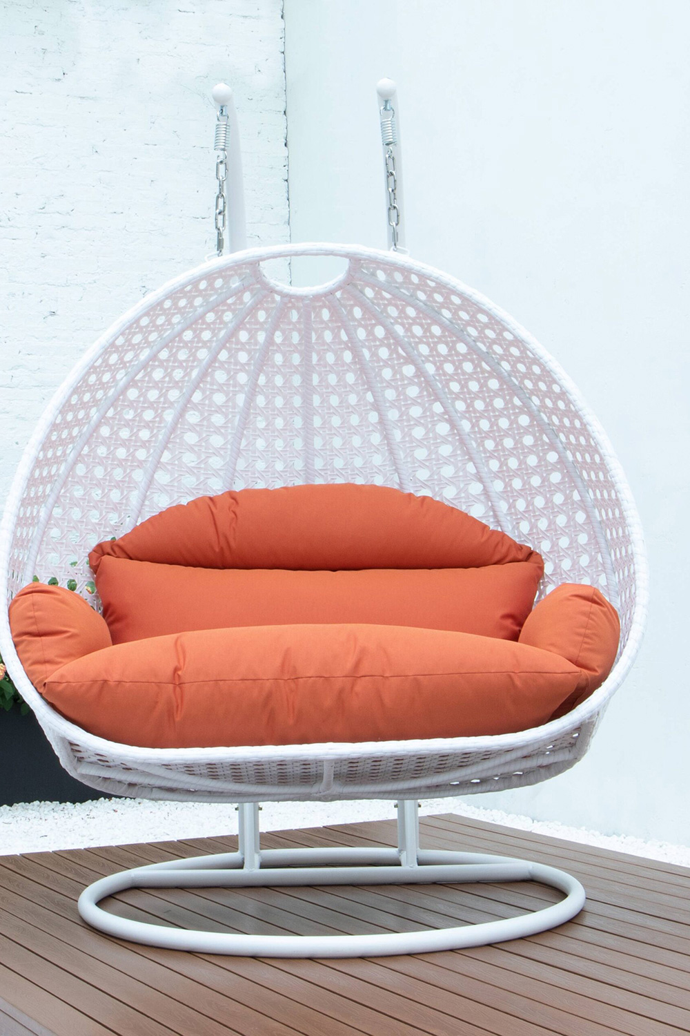 LeisureMod Modern White Wicker Hanging Double Seater Egg Swing Chair - Orange