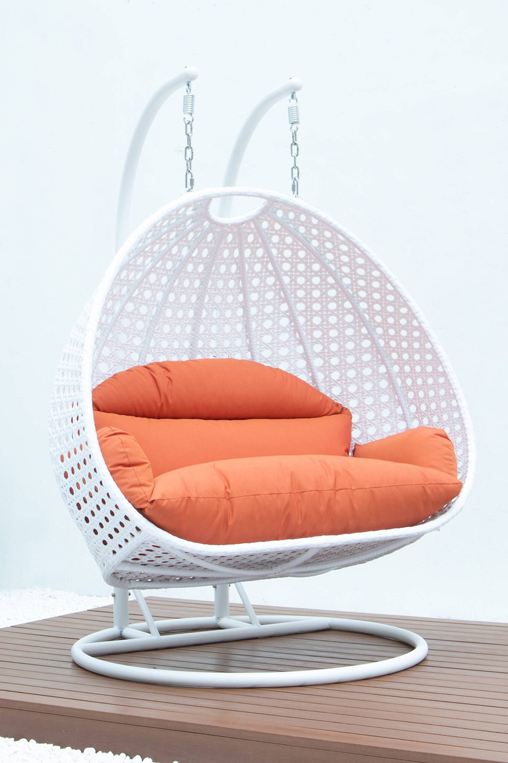 LeisureMod Modern White Wicker Hanging Double Seater Egg Swing Chair - Orange