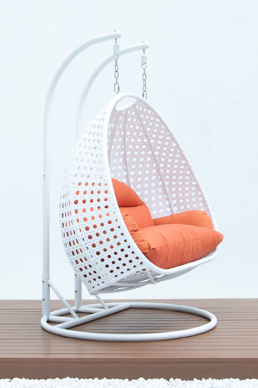 LeisureMod Modern White Wicker Hanging Double Seater Egg Swing Chair - Orange