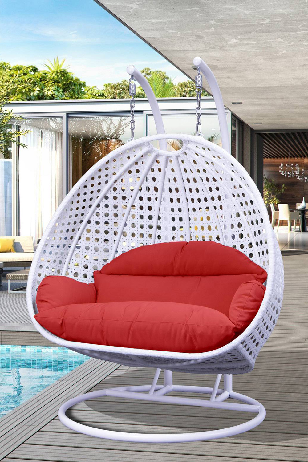 LeisureMod Modern White Wicker Hanging Double Seater Egg Swing Chair - Red