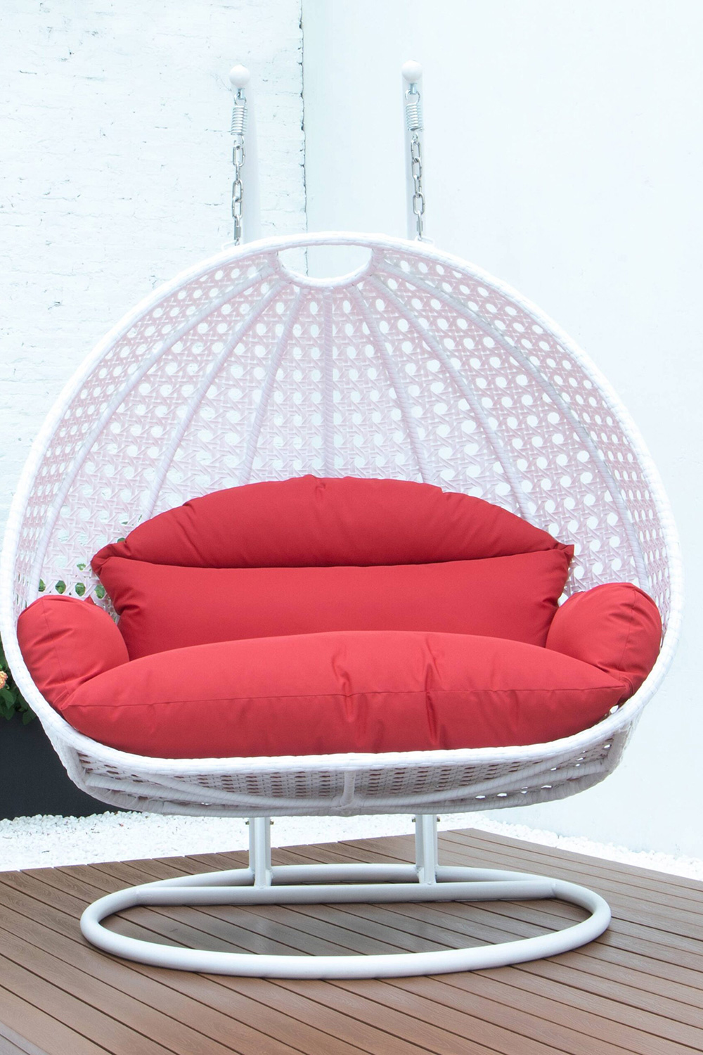 LeisureMod Modern White Wicker Hanging Double Seater Egg Swing Chair - Red