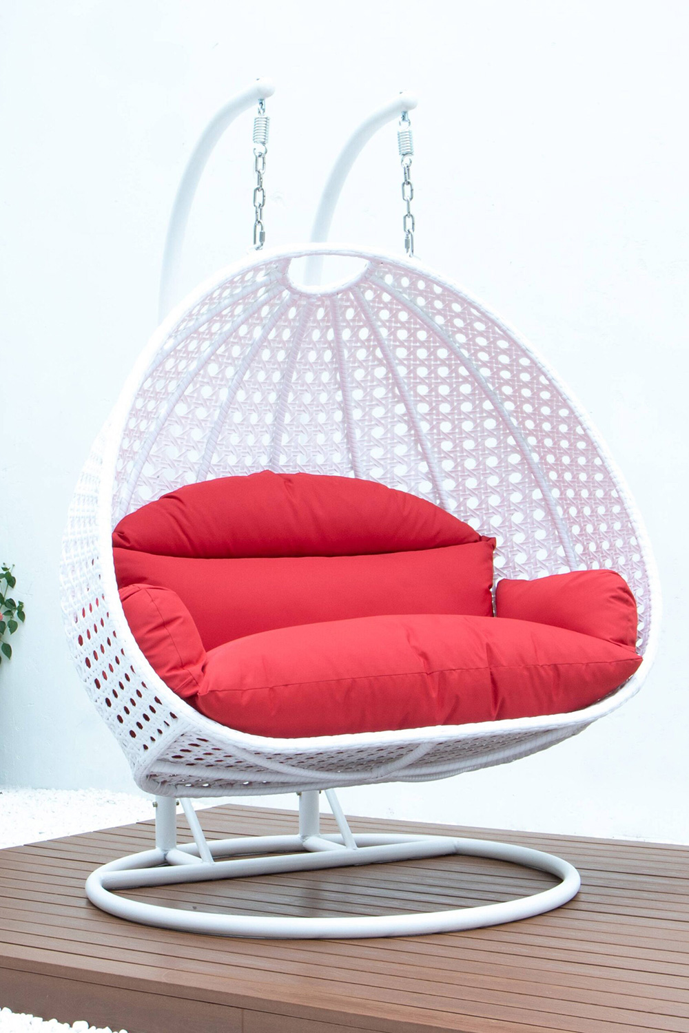 LeisureMod Modern White Wicker Hanging Double Seater Egg Swing Chair - Red