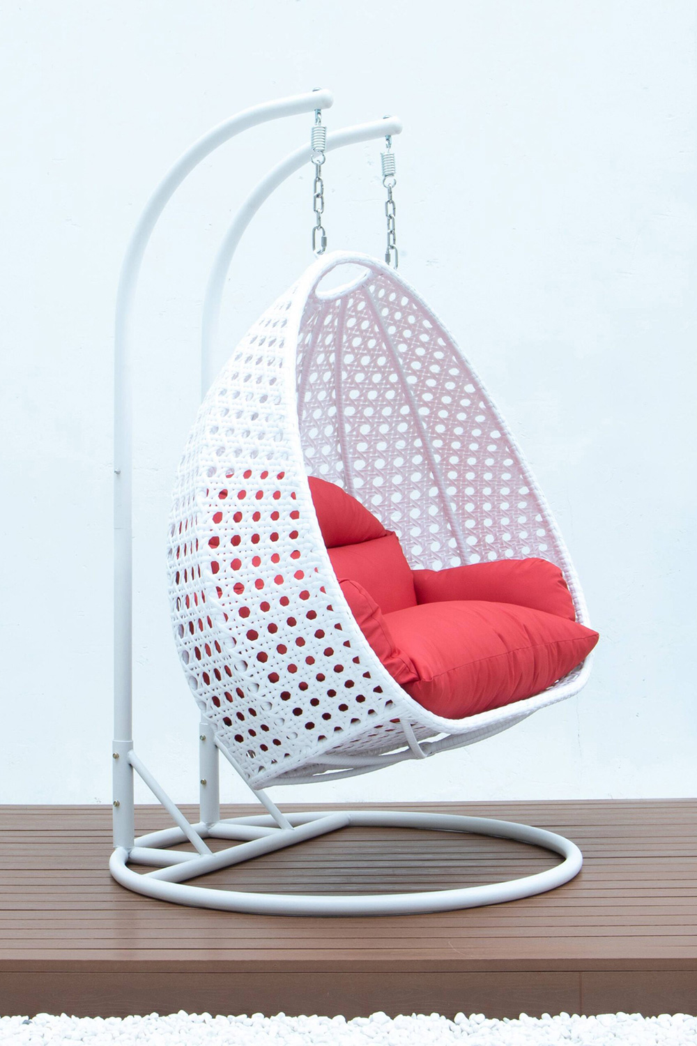 LeisureMod Modern White Wicker Hanging Double Seater Egg Swing Chair - Red