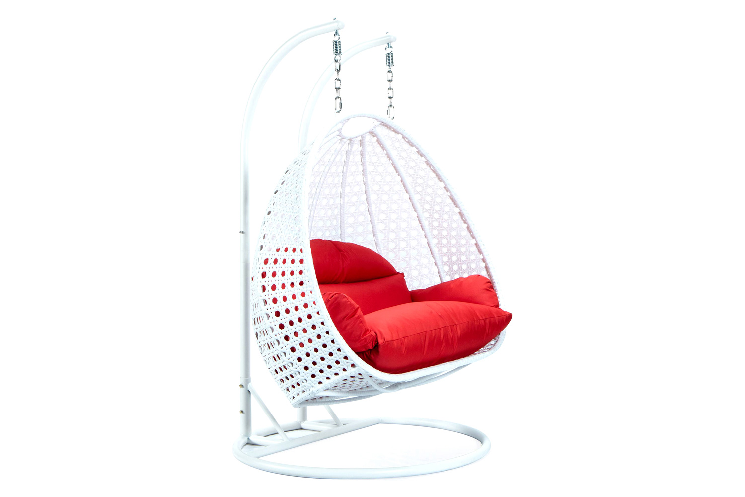 LeisureMod Modern White Wicker Hanging Double Seater Egg Swing Chair - Red