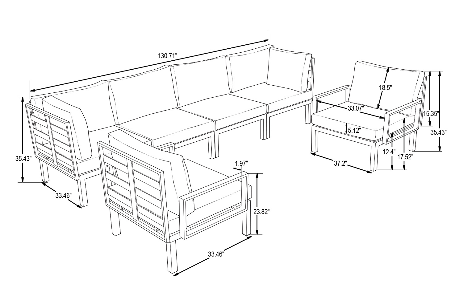 LeisureMod Hamilton 6-Piece Aluminum Patio Conversation Set with Cushions - Black