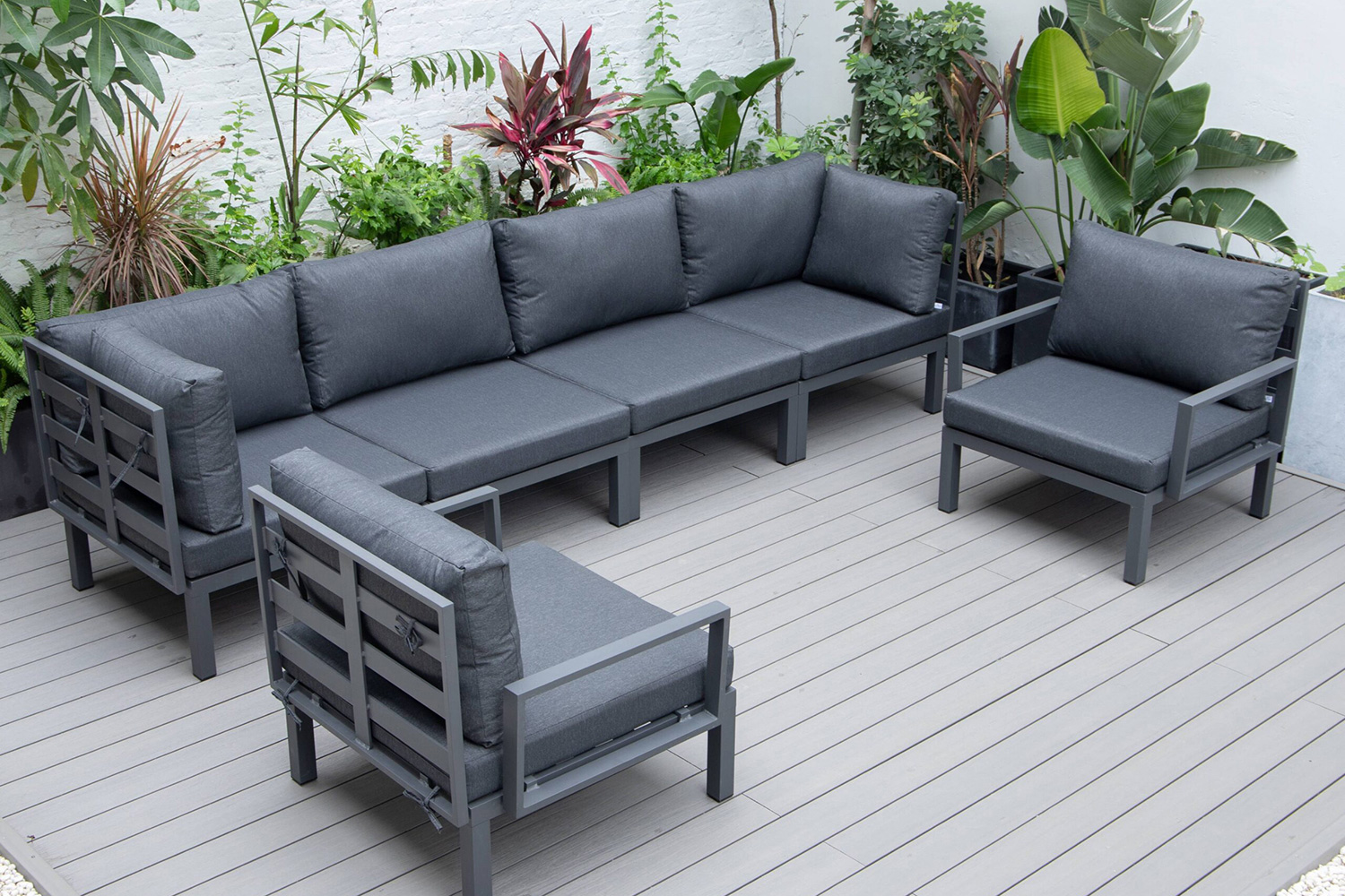 LeisureMod Hamilton 6-Piece Aluminum Patio Conversation Set with Cushions - Black