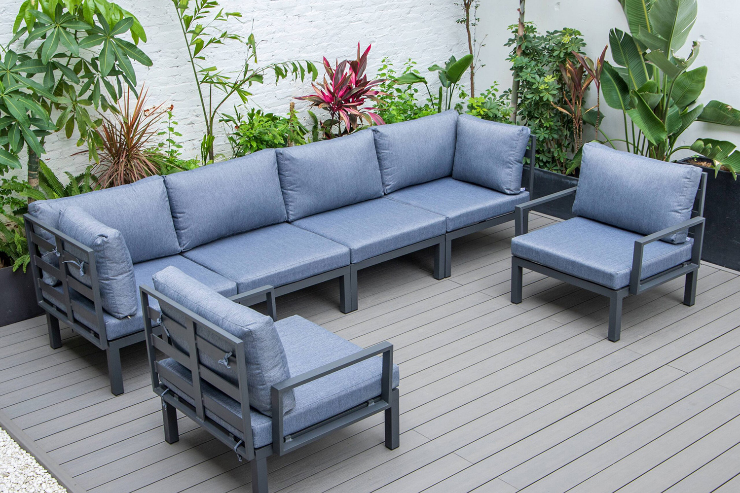 LeisureMod Hamilton 6-Piece Aluminum Patio Conversation Set with Cushions - Charcoal/Blue