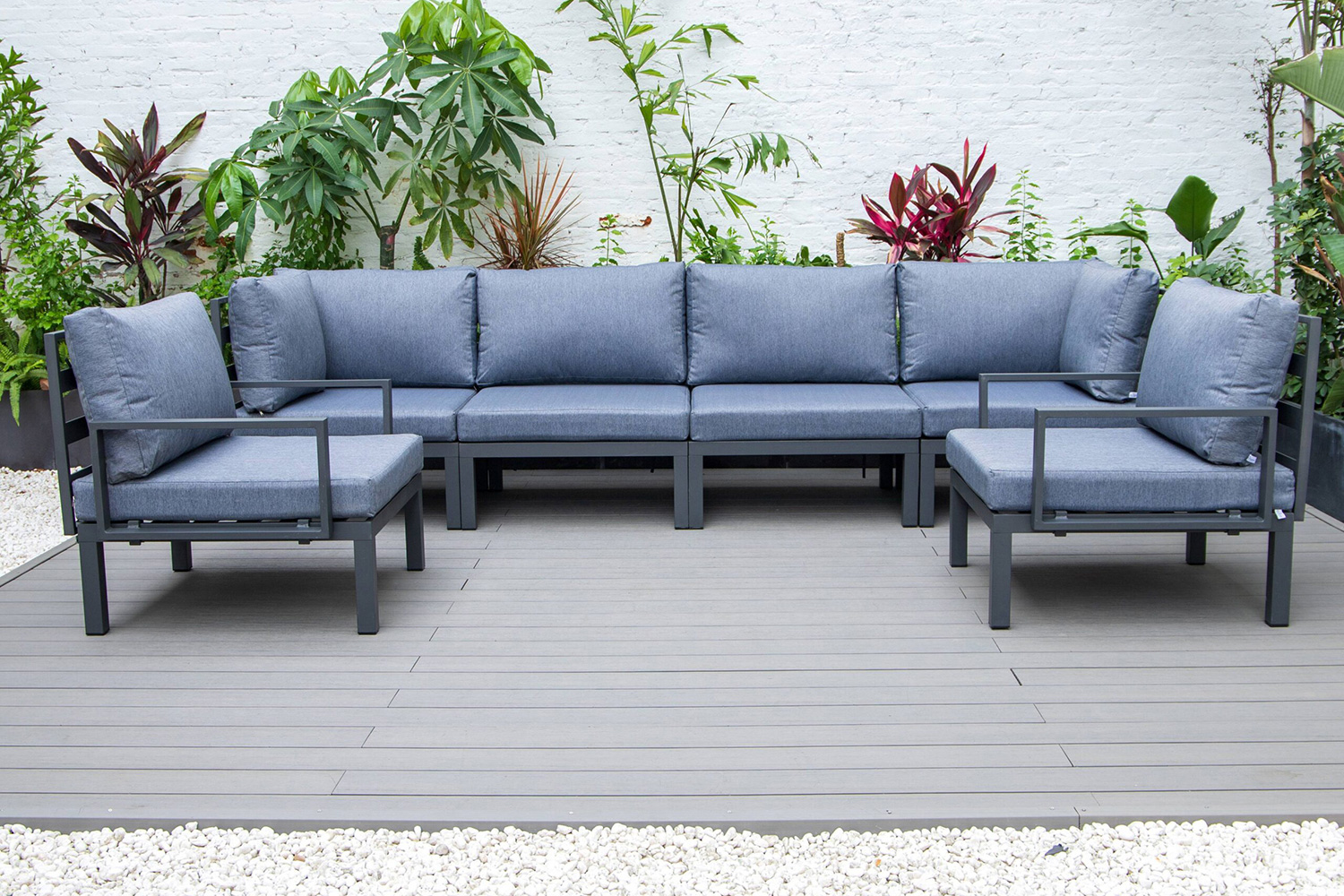 LeisureMod Hamilton 6-Piece Aluminum Patio Conversation Set with Cushions - Charcoal/Blue