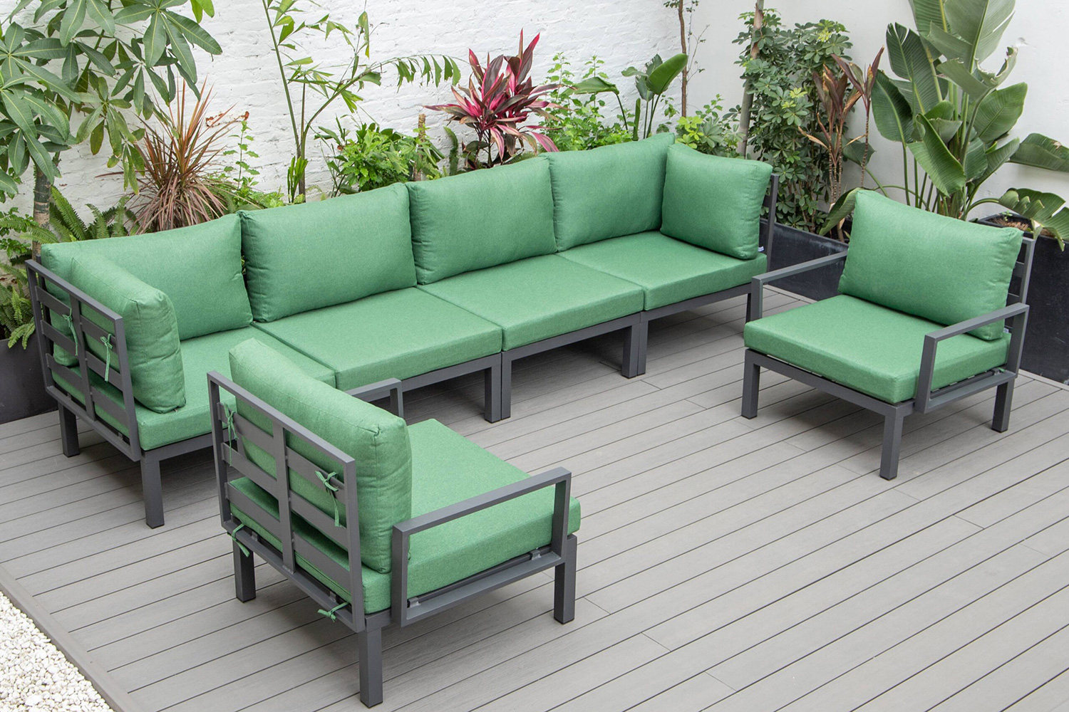 LeisureMod Hamilton 6-Piece Aluminum Patio Conversation Set with Cushions - Green