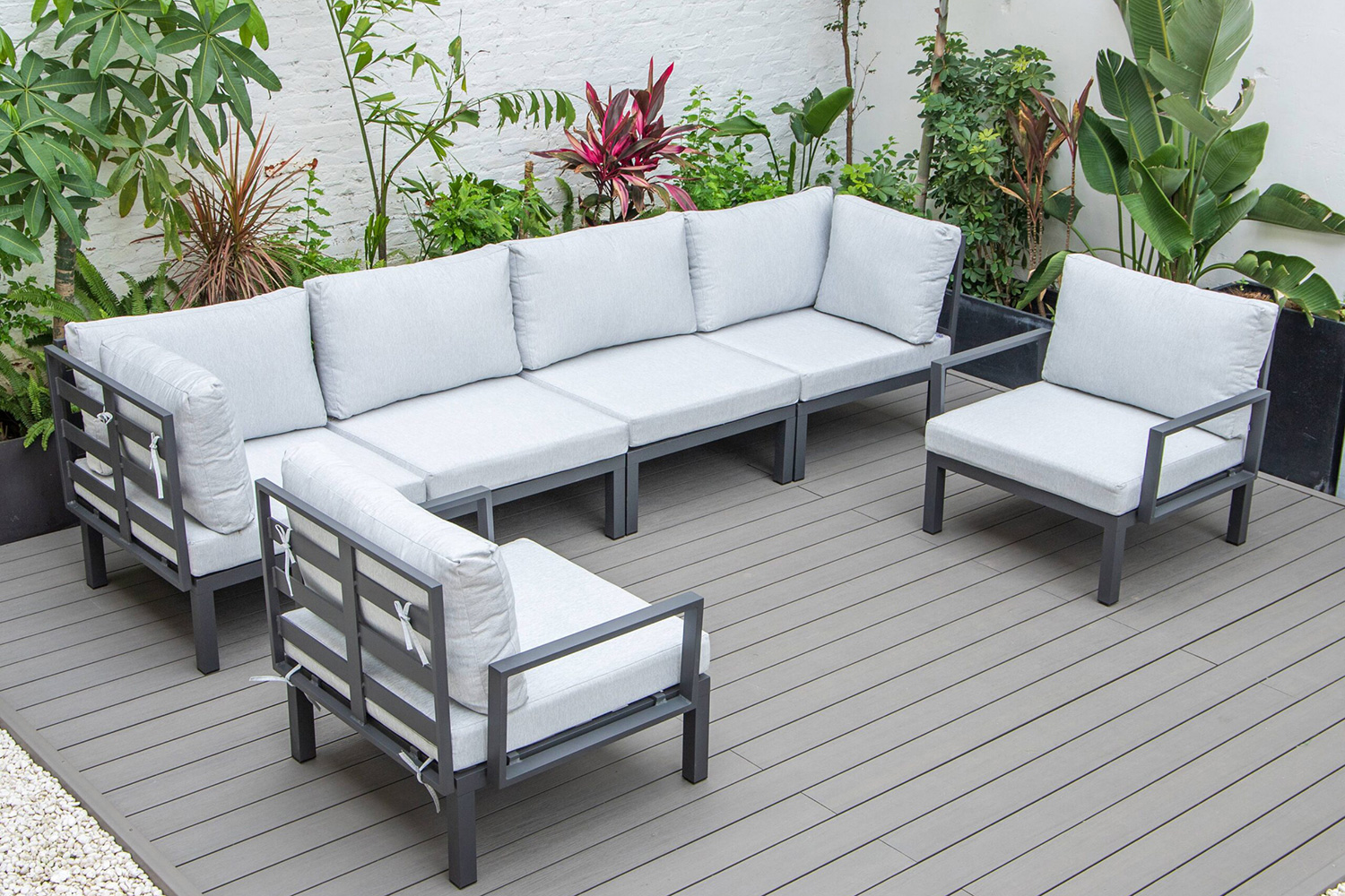 LeisureMod Hamilton 6-Piece Aluminum Patio Conversation Set with Cushions - Light Gray