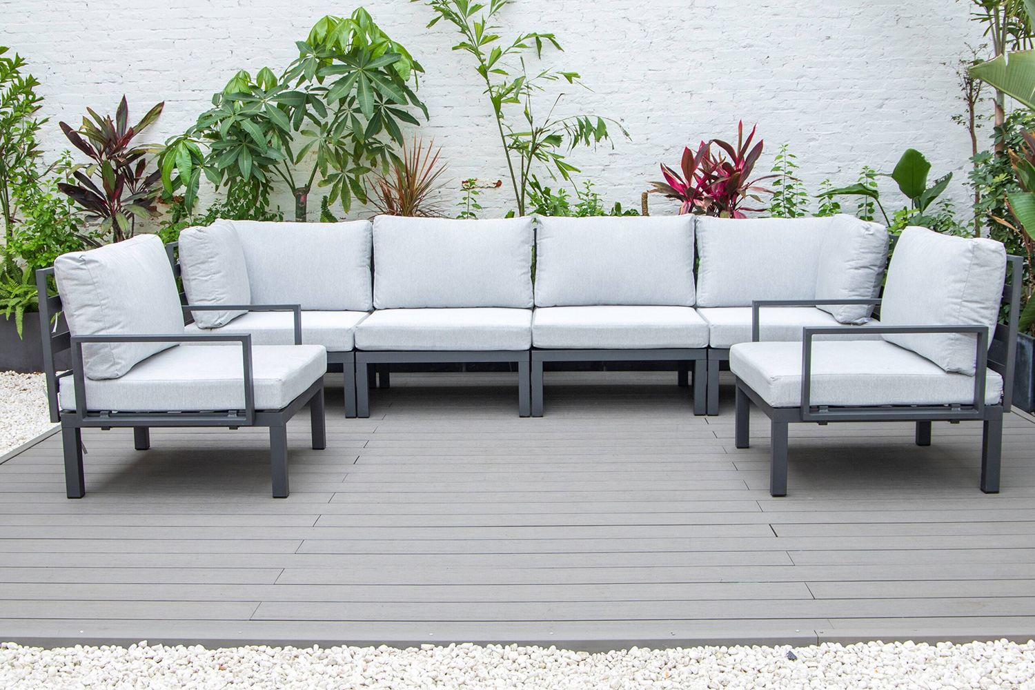 LeisureMod Hamilton 6-Piece Aluminum Patio Conversation Set with Cushions - Light Gray