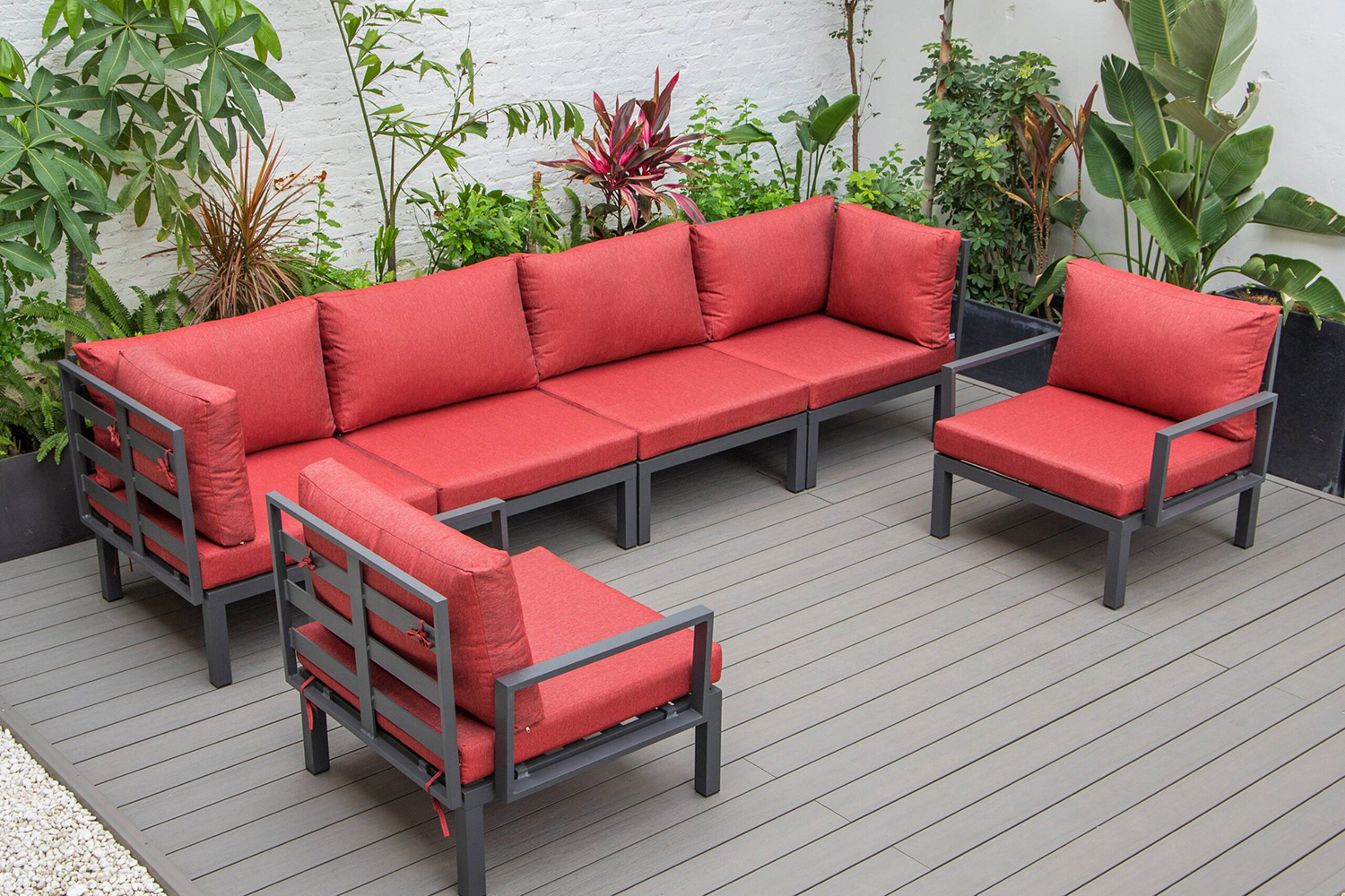 LeisureMod Hamilton 6-Piece Aluminum Patio Conversation Set with Cushions - Red