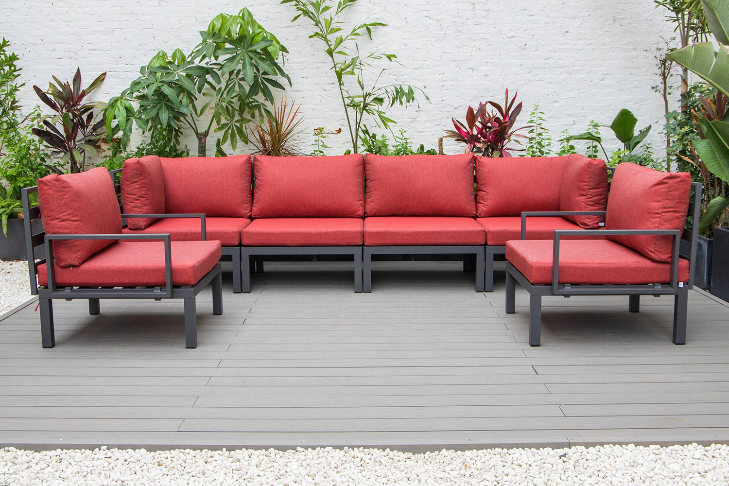 LeisureMod Hamilton 6-Piece Aluminum Patio Conversation Set with Cushions - Red