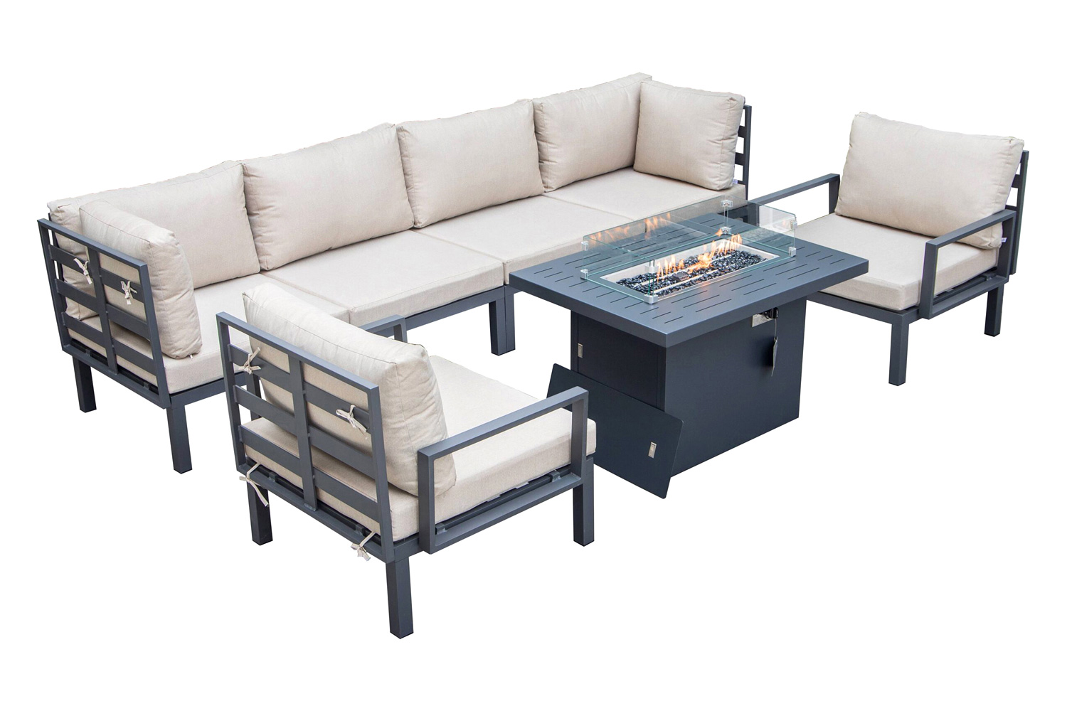 LeisureMod Hamilton 7-Piece Aluminum Patio Conversation Set with Fire Pit Table and Cushions