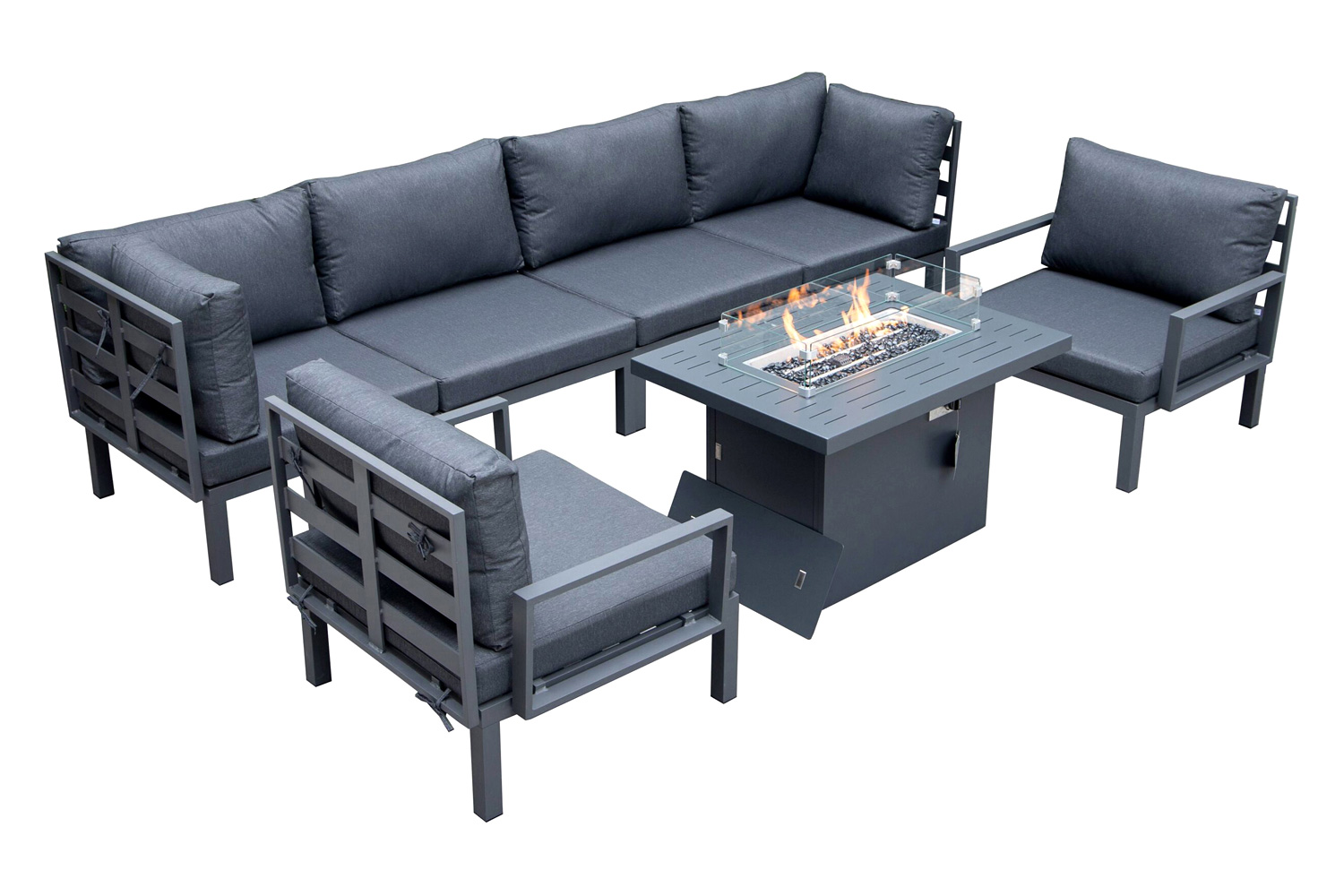 LeisureMod Hamilton 7-Piece Aluminum Patio Conversation Set with Fire Pit Table and Cushions