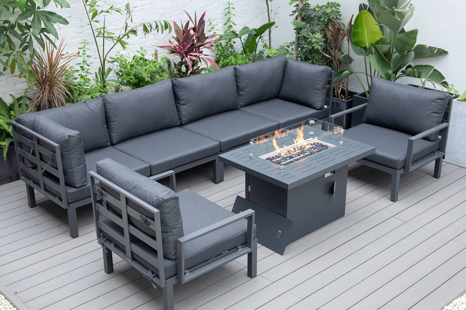 LeisureMod Hamilton 7-Piece Aluminum Patio Conversation Set with Fire Pit Table and Cushions - Black