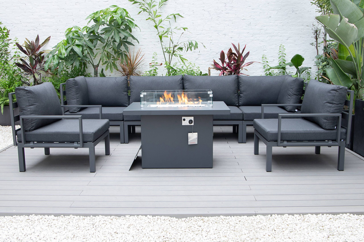 LeisureMod Hamilton 7-Piece Aluminum Patio Conversation Set with Fire Pit Table and Cushions - Black