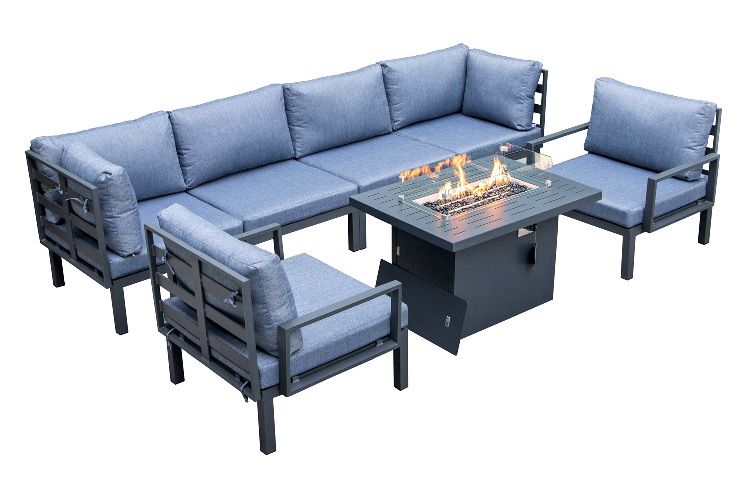 LeisureMod Hamilton 7-Piece Aluminum Patio Conversation Set with Fire Pit Table and Cushions