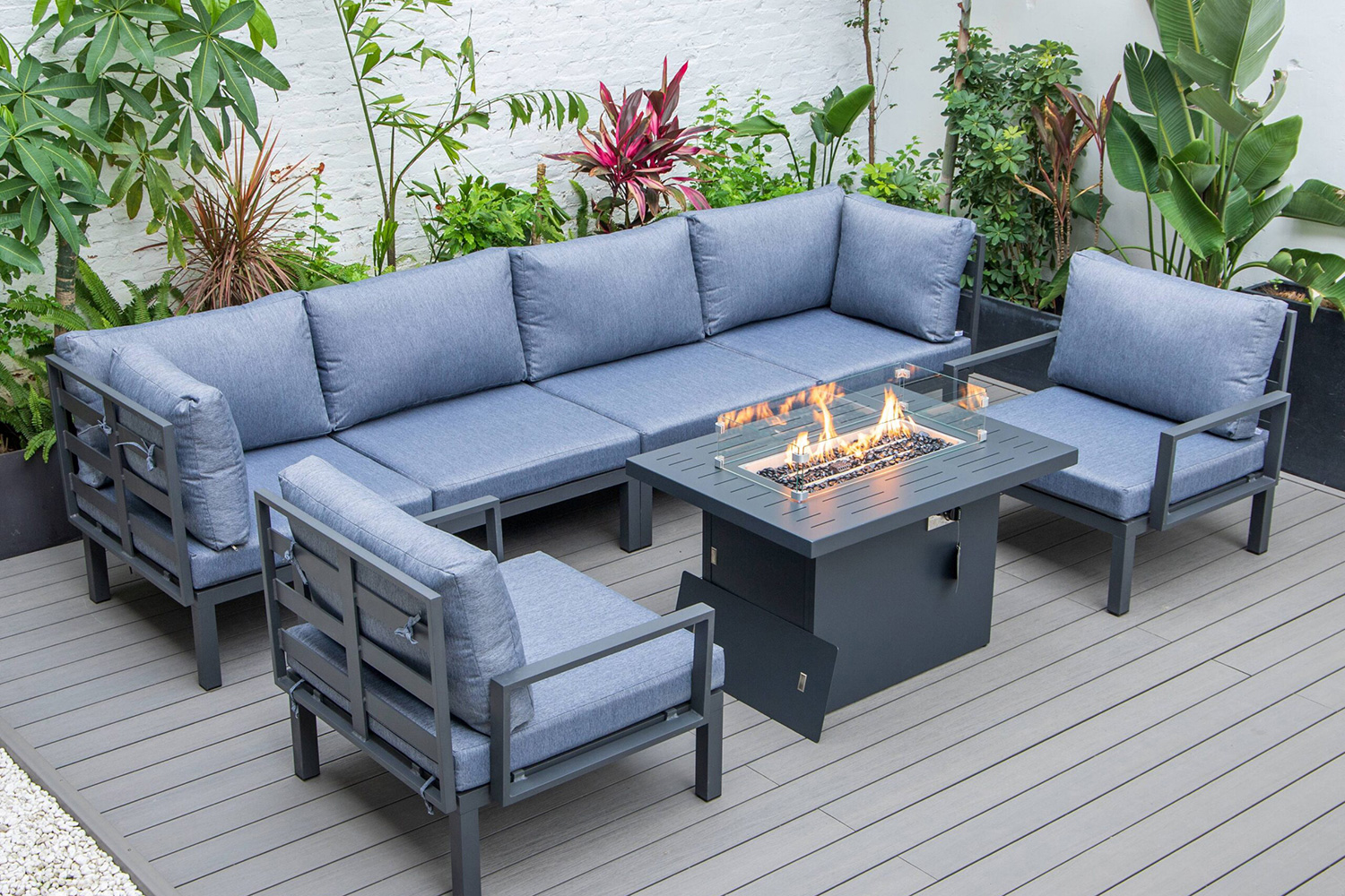 LeisureMod Hamilton 7-Piece Aluminum Patio Conversation Set with Fire Pit Table and Cushions - Charcoal/Blue