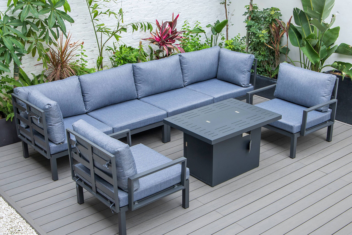 LeisureMod Hamilton 7-Piece Aluminum Patio Conversation Set with Fire Pit Table and Cushions - Charcoal/Blue