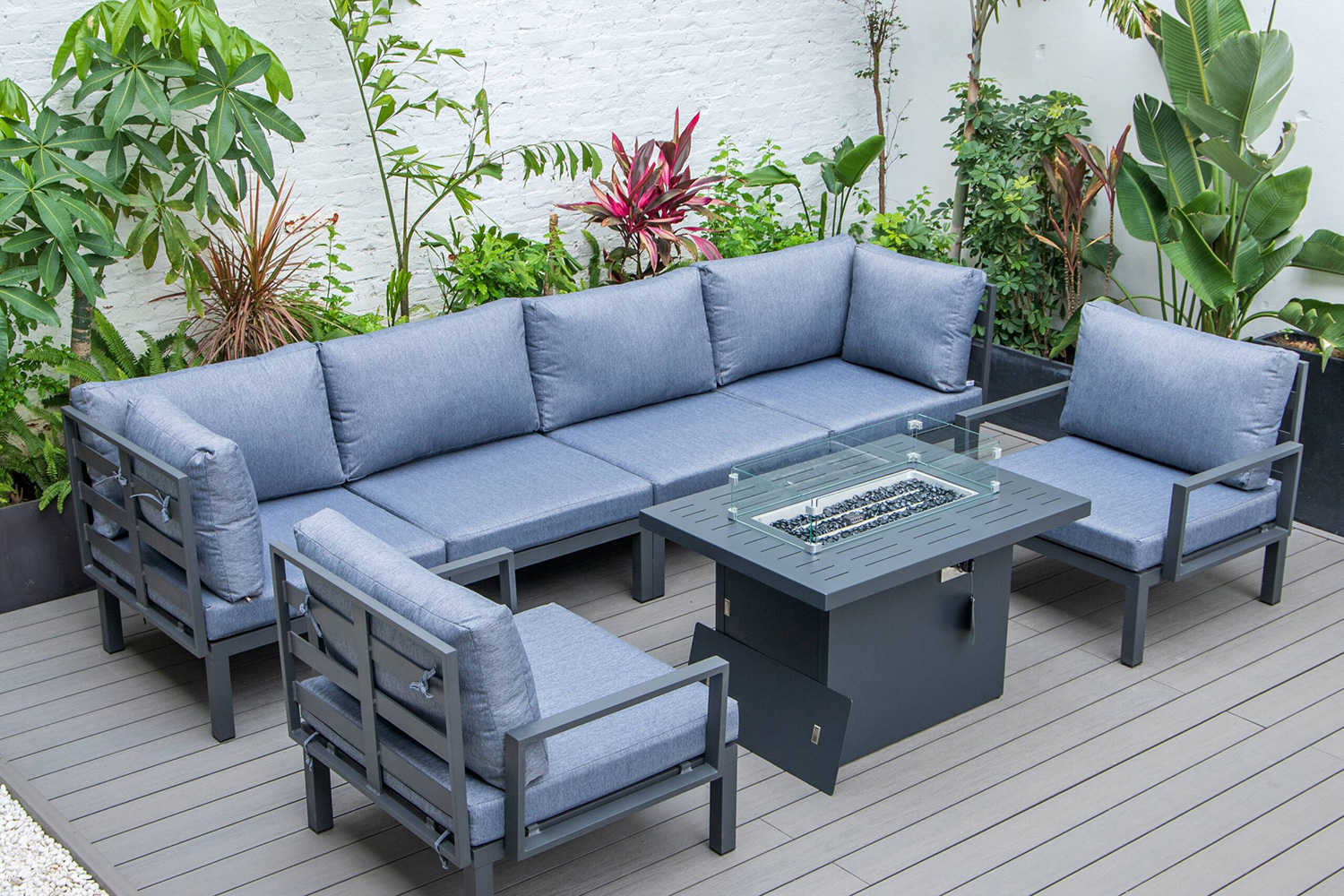 LeisureMod Hamilton 7-Piece Aluminum Patio Conversation Set with Fire Pit Table and Cushions - Charcoal/Blue