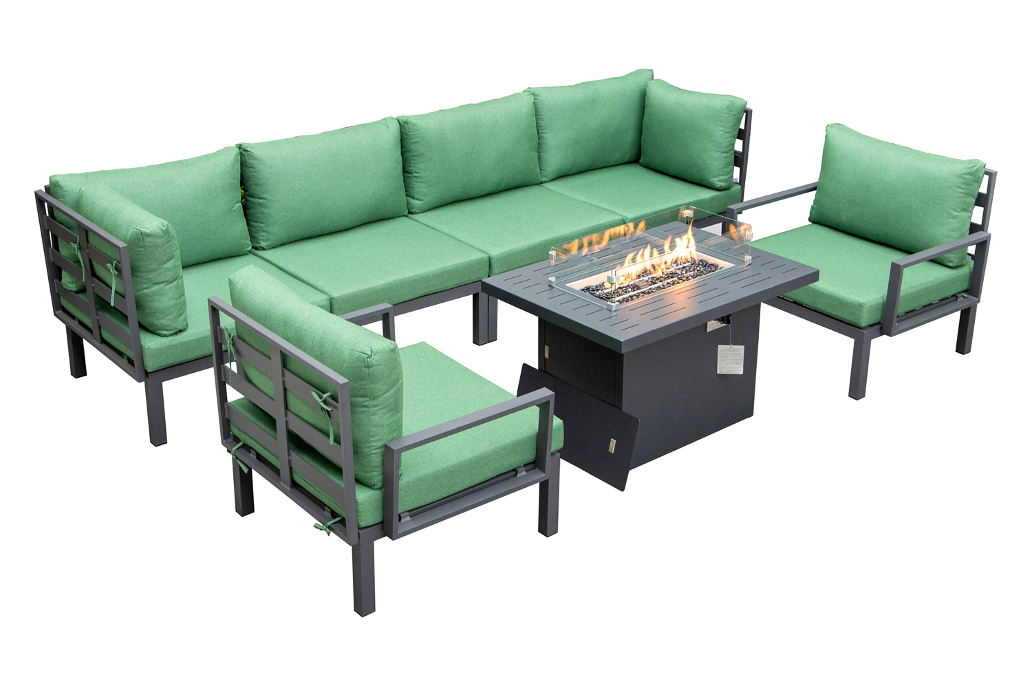 LeisureMod Hamilton 7-Piece Aluminum Patio Conversation Set with Fire Pit Table and Cushions