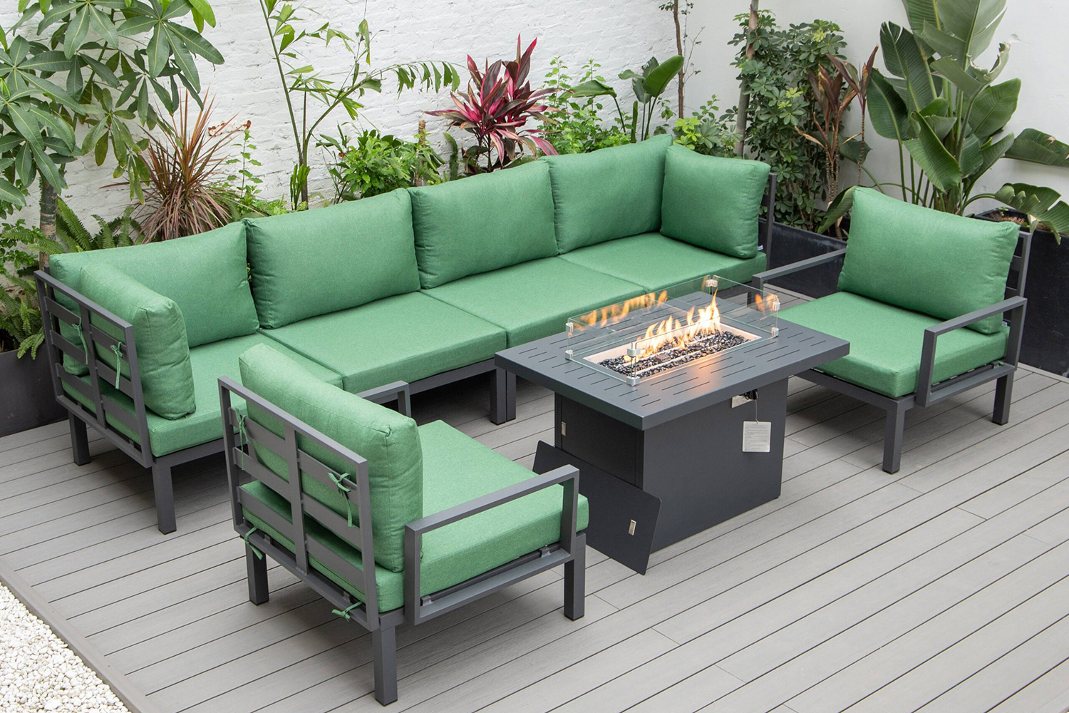 LeisureMod Hamilton 7-Piece Aluminum Patio Conversation Set with Fire Pit Table and Cushions - Green