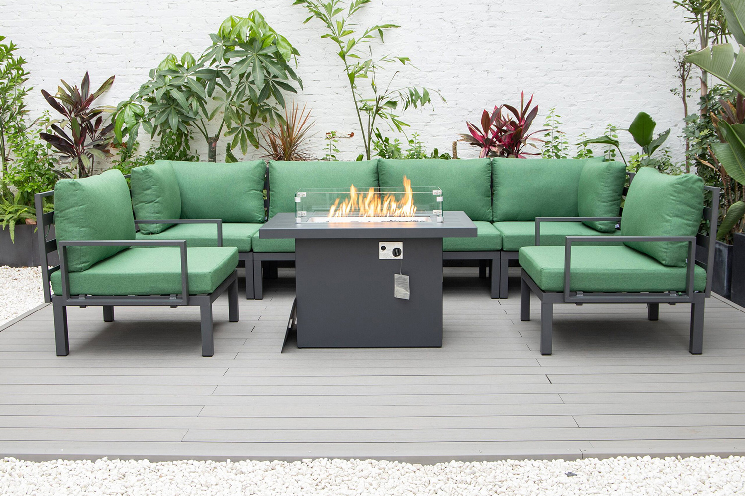 LeisureMod Hamilton 7-Piece Aluminum Patio Conversation Set with Fire Pit Table and Cushions - Green