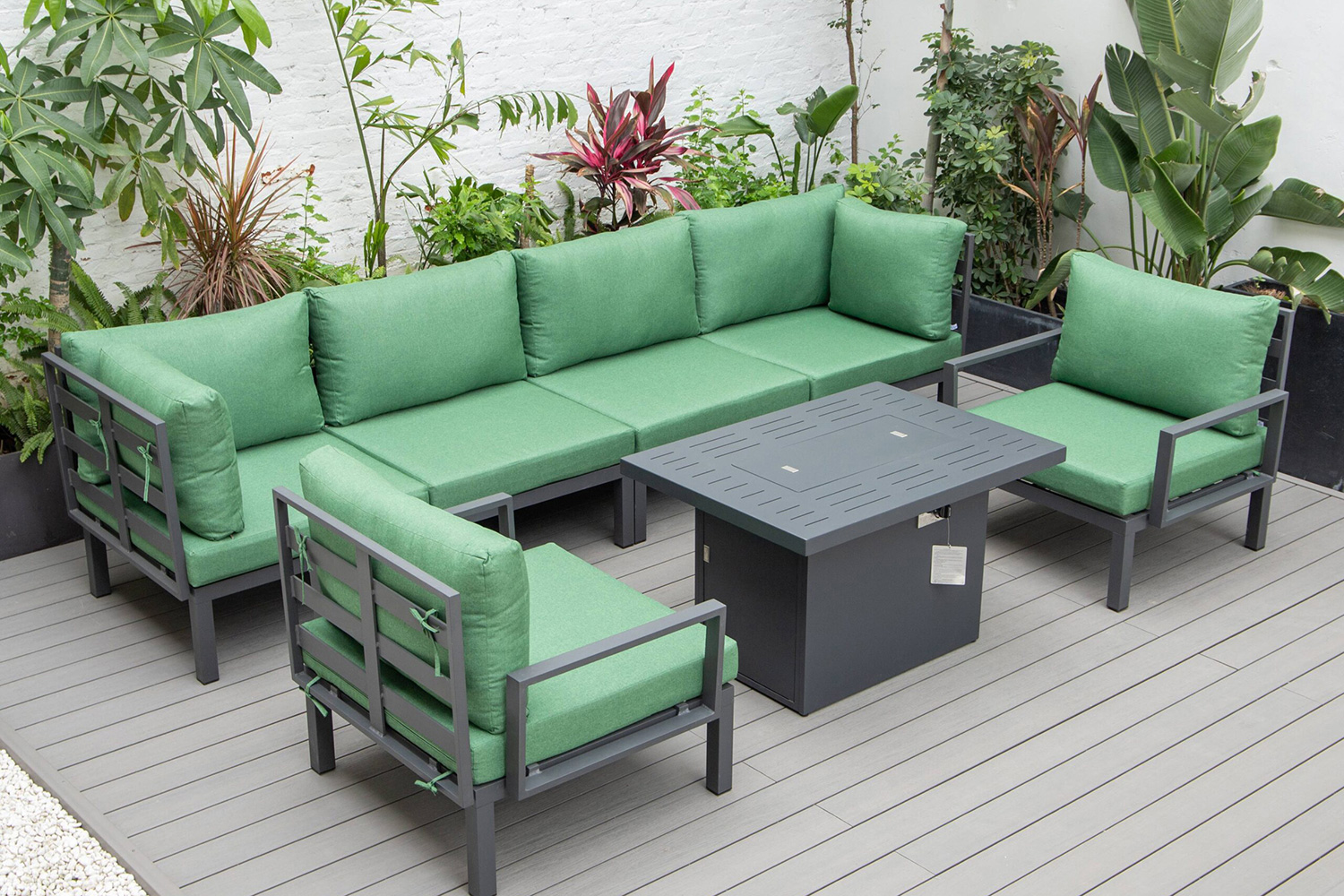 LeisureMod Hamilton 7-Piece Aluminum Patio Conversation Set with Fire Pit Table and Cushions - Green