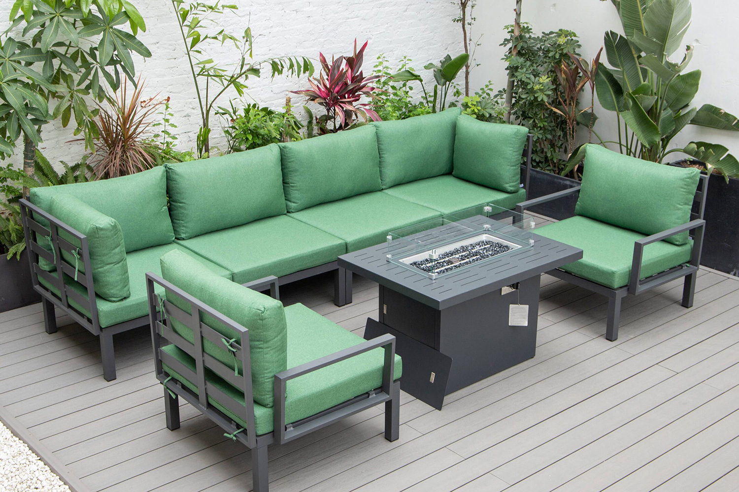 LeisureMod Hamilton 7-Piece Aluminum Patio Conversation Set with Fire Pit Table and Cushions - Green