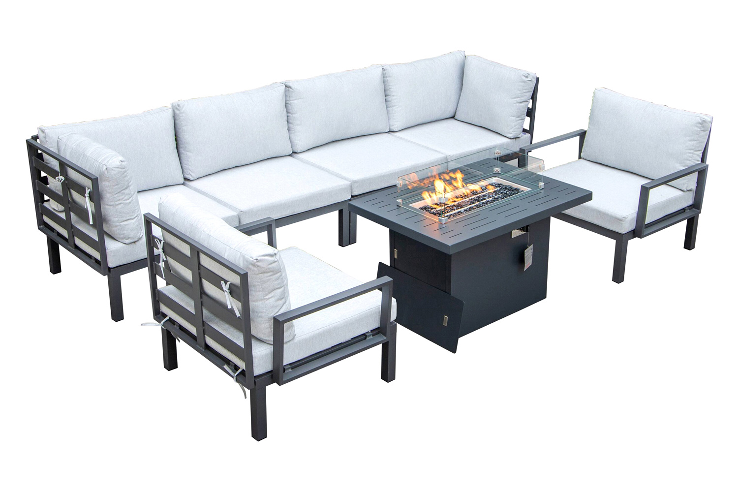 LeisureMod Hamilton 7-Piece Aluminum Patio Conversation Set with Fire Pit Table and Cushions