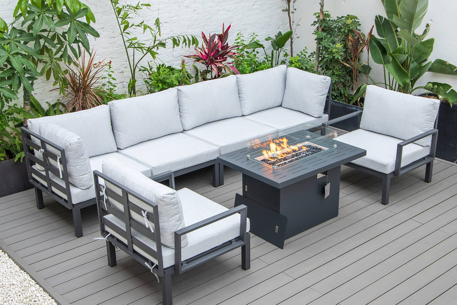 LeisureMod Hamilton 7-Piece Aluminum Patio Conversation Set with Fire Pit Table and Cushions - Light Gray