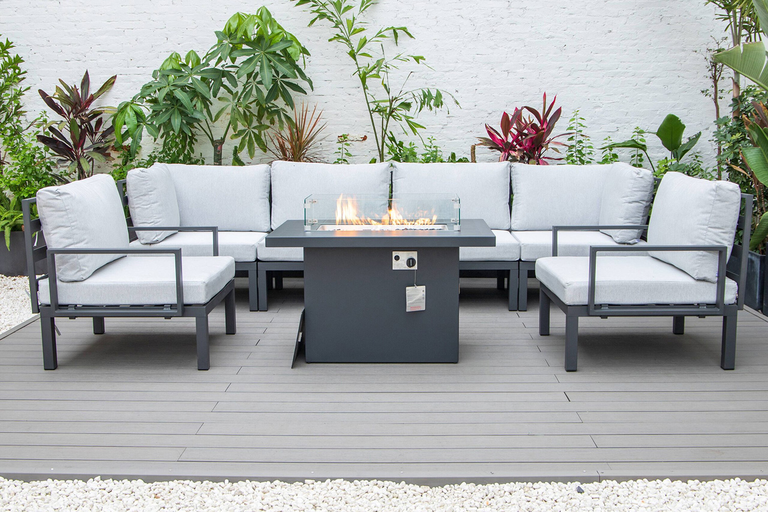 LeisureMod Hamilton 7-Piece Aluminum Patio Conversation Set with Fire Pit Table and Cushions - Light Gray