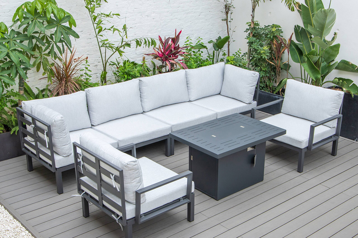 LeisureMod Hamilton 7-Piece Aluminum Patio Conversation Set with Fire Pit Table and Cushions - Light Gray