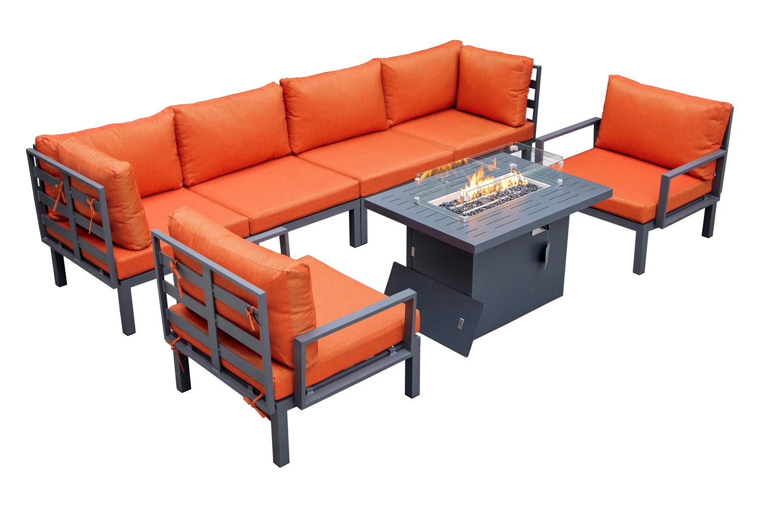 LeisureMod Hamilton 7-Piece Aluminum Patio Conversation Set with Fire Pit Table and Cushions