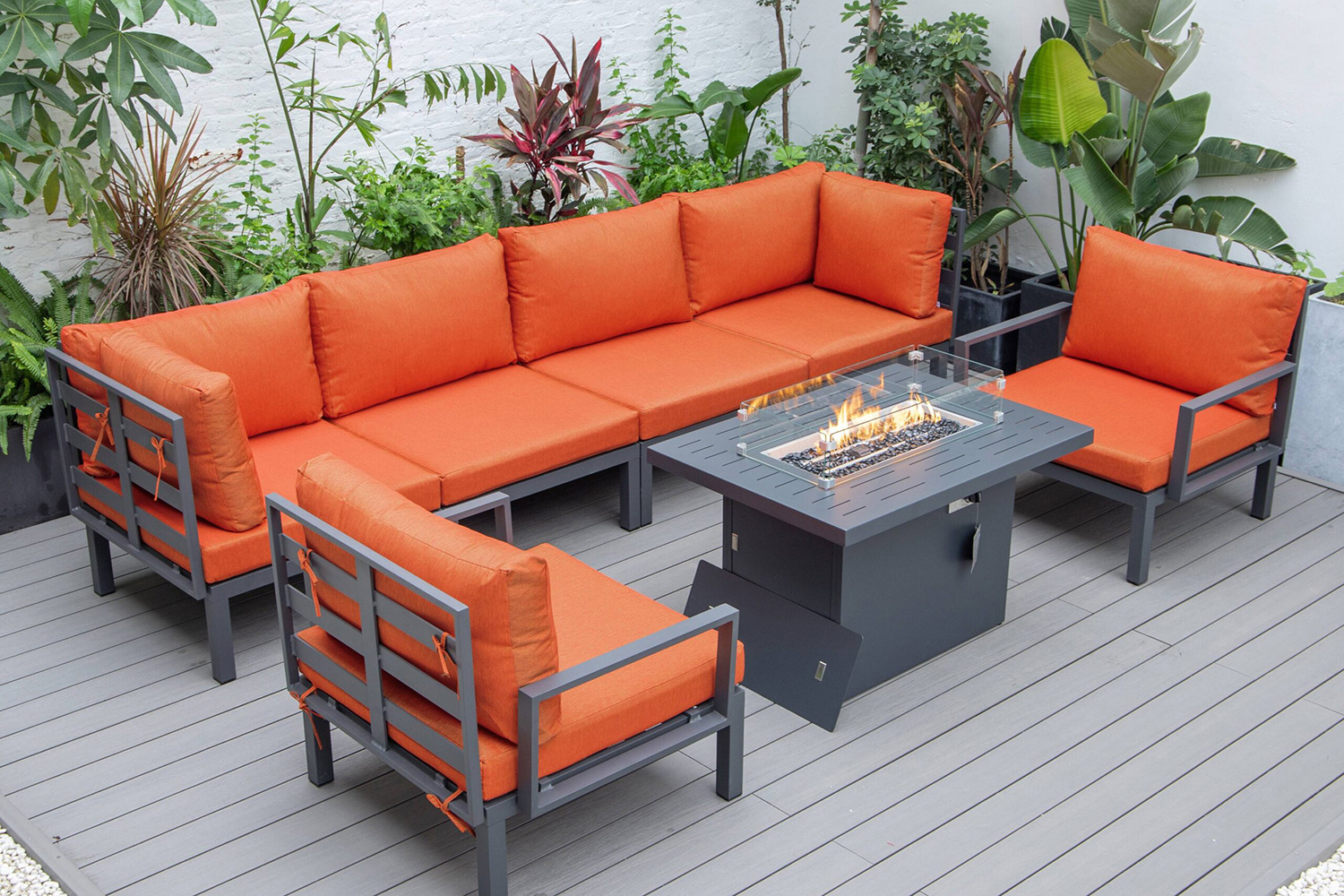 LeisureMod Hamilton 7-Piece Aluminum Patio Conversation Set with Fire Pit Table and Cushions - Orange